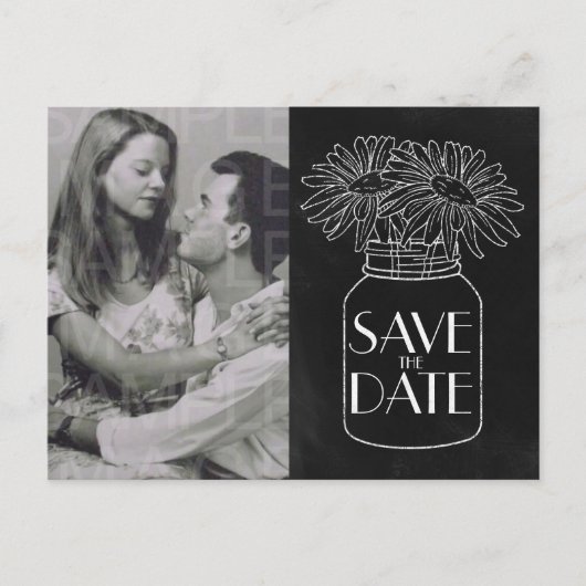 Chalkboard Mason Jar nデイジー写真Save the Date 案内ポストカード (正面)