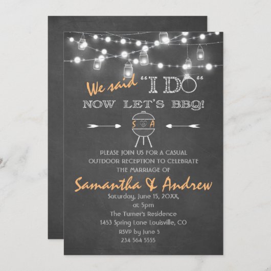 Chalkboard Mason Jars String Lights I DO BBQ 招待状 (正面/裏面)