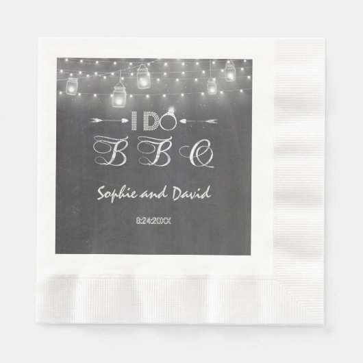 Chalkboard Mason Jars String Lights I DO BBQ 縁ありランチョンナプキン (正面)