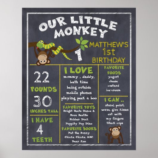 Chalkboard Monkey Milestones 1st Birthday Poster ポスター (正面)