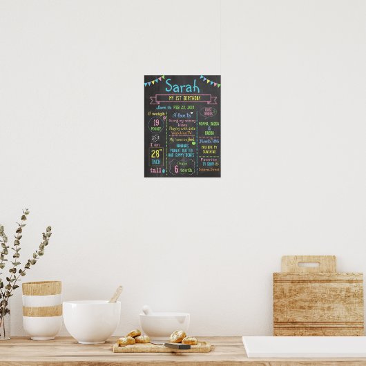 Chalkboard Party personalized 1st birthday poster ポスター (キッチン)