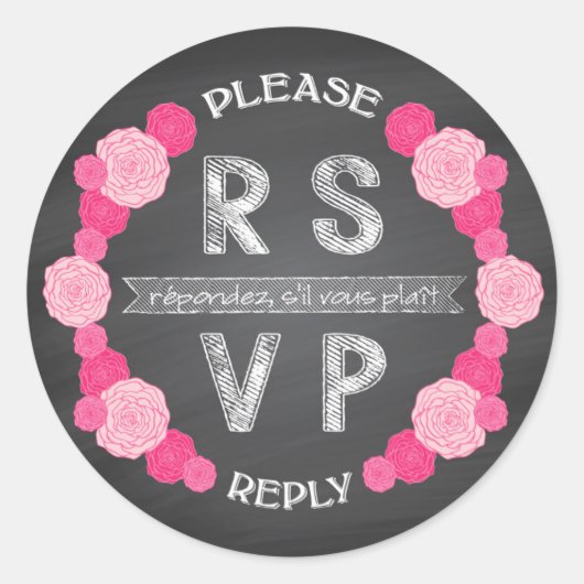 Chalkboard Pink Roses RSVPステッカー ラウンドシール (正面)