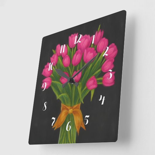 Chalkboard Pink Tulips スクエア壁時計 (傾斜)