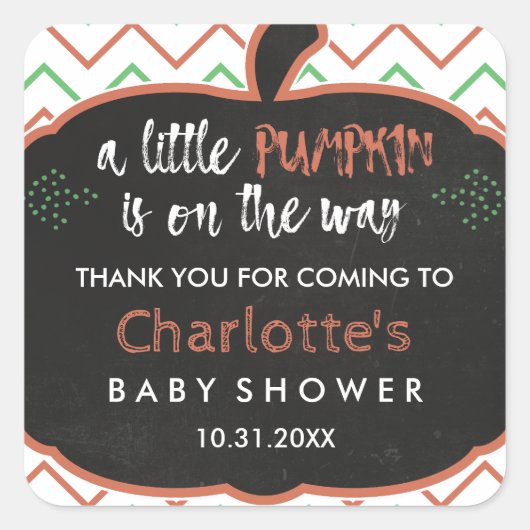 Chalkboard Pumpkin & Chevron Baby Showerありがとう スクエアシール (正面)