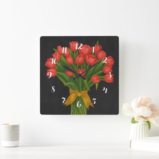 Chalkboard Red Tulips スクエア壁時計 (ホーム)