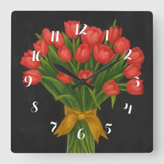 Chalkboard Red Tulips スクエア壁時計 (正面)
