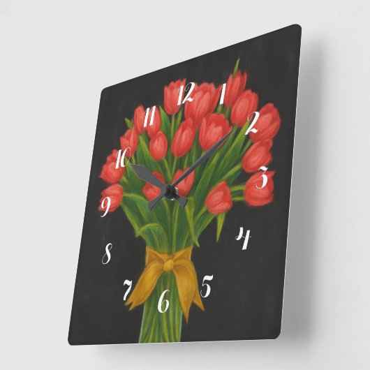 Chalkboard Red Tulips スクエア壁時計 (傾斜)