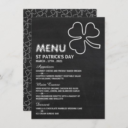 Chalkboard Shamrock, St Patrick's Dayメニューカード 招待状 (正面/裏面)