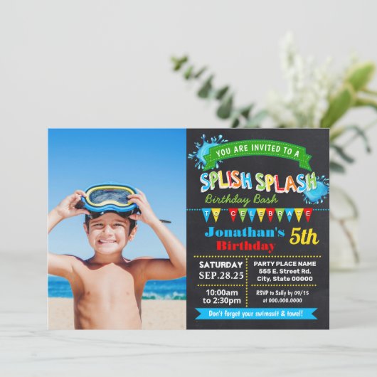 Chalkboard Splish barthday bashパーティー 招待状 (スタンド正面)