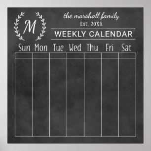 Chalkboard Weekly Family Monogram Calendar ポスター