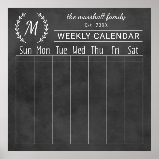 Chalkboard Weekly Family Monogram Calendar ポスター (正面)