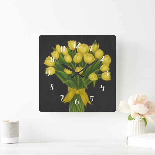 Chalkboard Yellow Tulips スクエア壁時計 (ホーム)