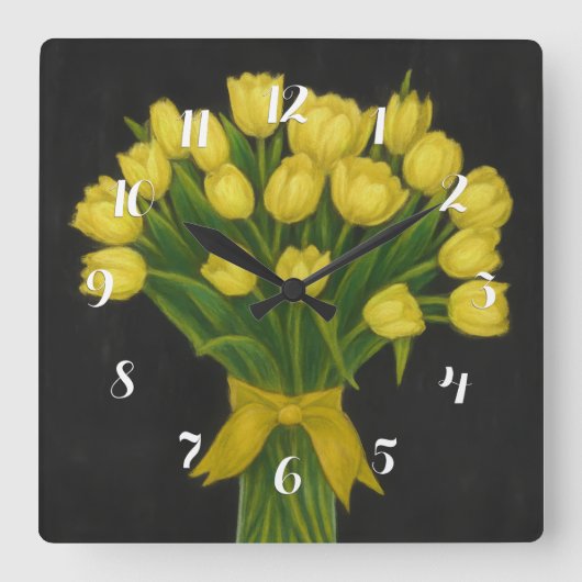 Chalkboard Yellow Tulips スクエア壁時計 (正面)