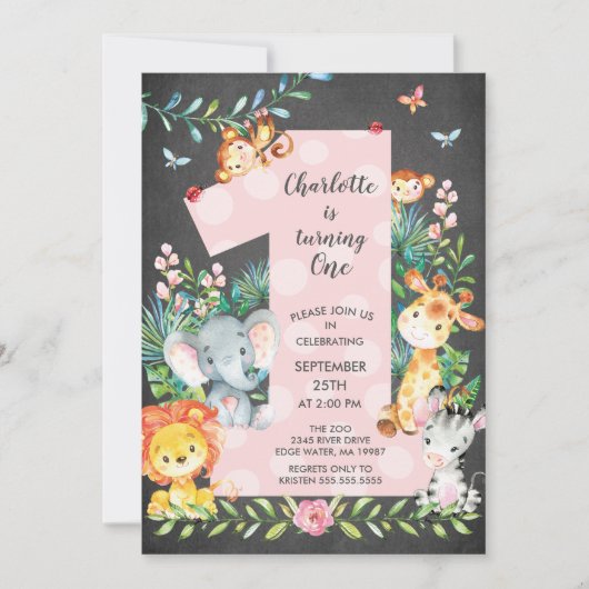 ChalkboardJungleの大きい1匹の女の子の誕生日の招待状 招待状 (正面)