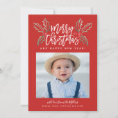 Chalky Brush Scriptクリスマスホリーフォトレッド シーズンカード (正面)