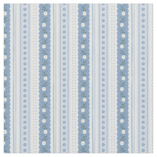 Chambray Blue Scallop Vine Floral Stripe ファブリック (クローズアップ)