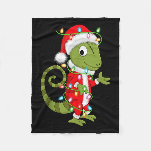 Chameleon Christmas Lights Santa Costume Cute Anim フリースブランケット (正面)