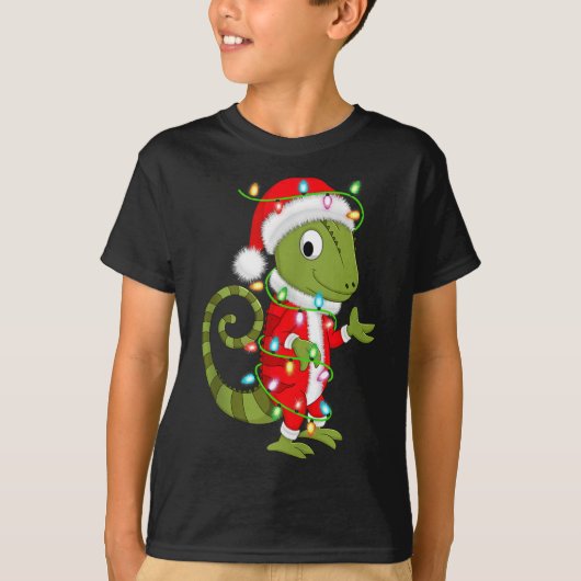 Chameleon Christmas Lights Santa Costume Cute Anim Tシャツ (正面)