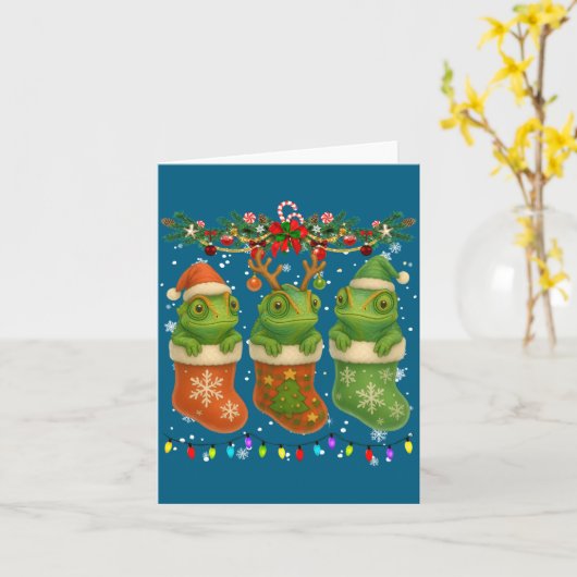 Chameleon In Christmas Socks Lights Chameleon Xmas カード (黄色い花)