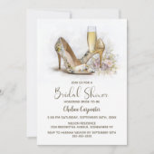 Champagne and Elegant Floral High Heel Shoes 招待状 (正面)