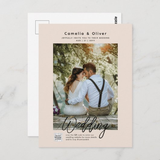 Champagne Blush PHOTO Wedding Invitation QR Code ポストカード (正面/裏面)