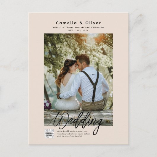 Champagne Blush PHOTO Wedding Invitation QR Code ポストカード (正面)
