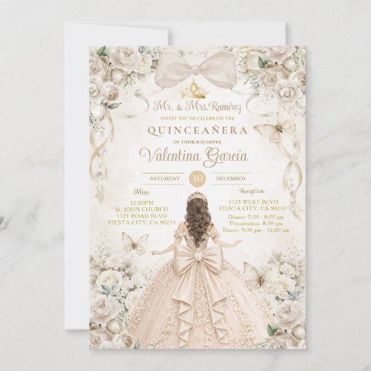 Champagne Bow Floral Quinceañera Princess 招待状 (正面)
