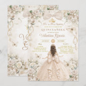 Champagne Bow Floral Quinceañera Princess 招待状 (正面/裏面)