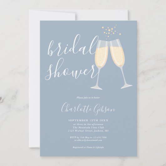 Champagne Bridal Shower Dusty Blue 招待状 (正面)