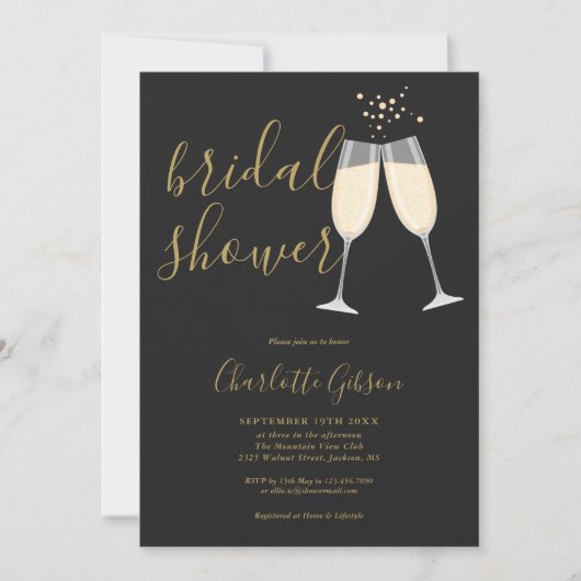 Champagne Bridal Shower QR Code Black And Gold 招待状 (正面)
