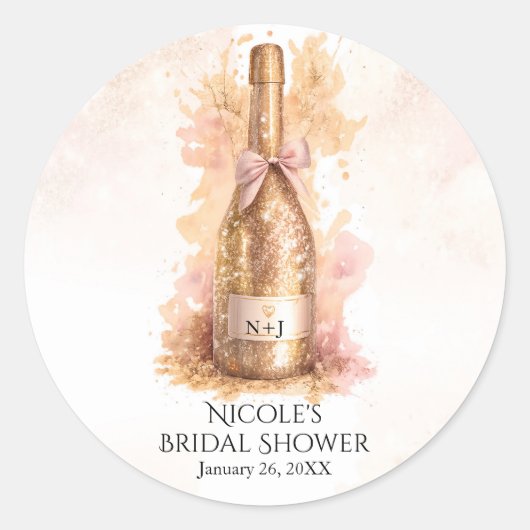 Champagne Bubbly & Gold Glitter Bridal Shower ラウンドシール (正面)
