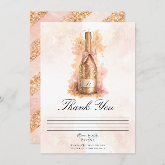 Champagne Bubbly & Gold Glitter Thank You Card 招待状 (正面/裏面)