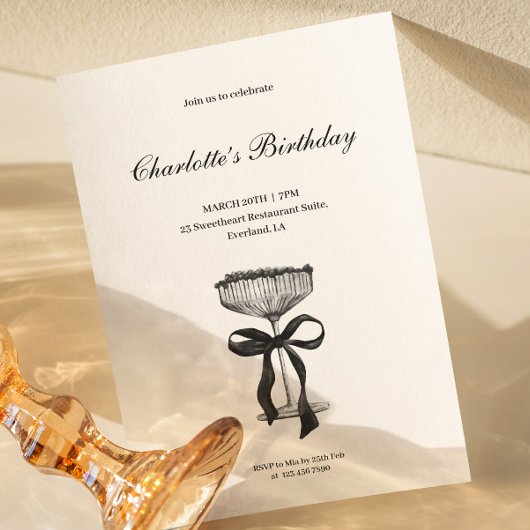 Champagne coupe Black Bow Birthday Party Invite 招待状