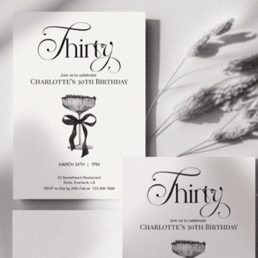 Champagne coupe Black Bow Birthday Party Invite 招待状