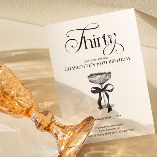 Champagne coupe Black Bow Birthday Party Invite 招待状