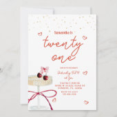 Champagne Coupe Cherry Heart Birthday Invitation 招待状 (正面)