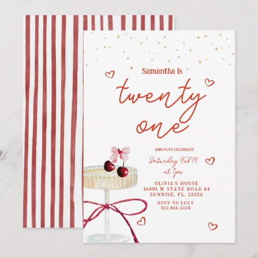 Champagne Coupe Cherry Heart Birthday Invitation 招待状 (正面/裏面)