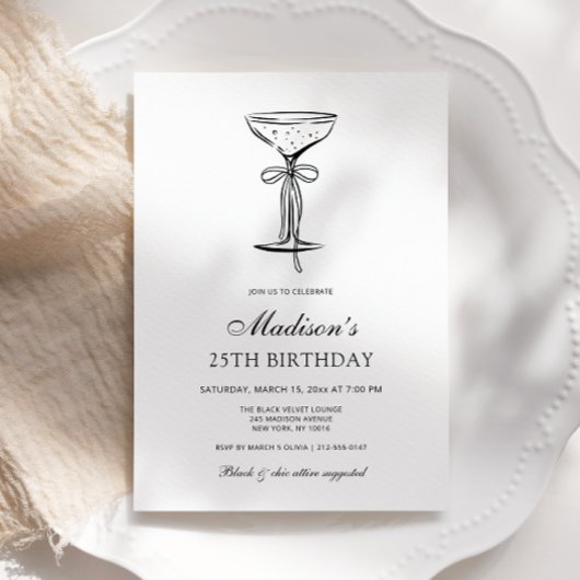 Champagne Coupe Elegant Bow Birthday Invitation 招待状