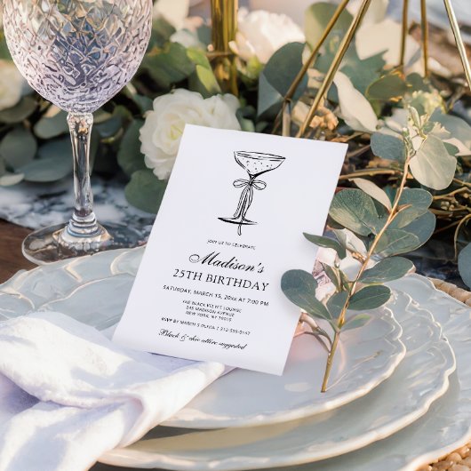 Champagne Coupe Elegant Bow Birthday Invitation 招待状