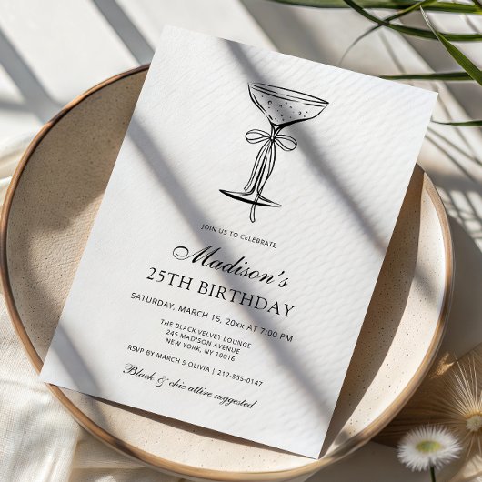 Champagne Coupe Elegant Bow Birthday Invitation 招待状
