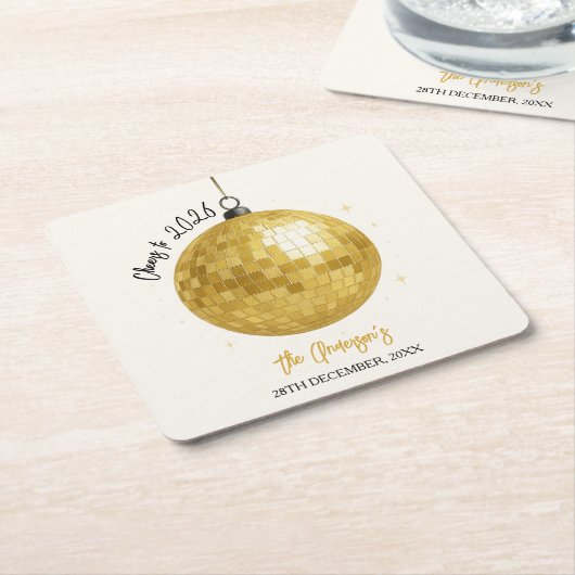 Champagne Disco Ball 2026 New Year Eve スクエアペーパーコースター (アングル)