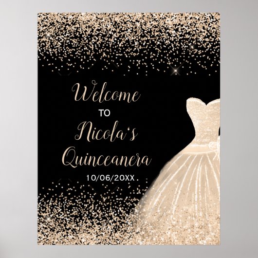 Champagne Dress Faux Glitter Quinceanera Welcome ポスター (正面)
