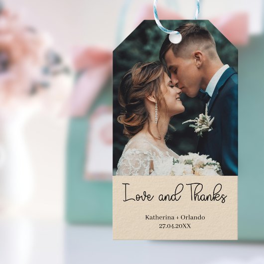 Champagne Elegant Wedding Love and Thanks Photo ギフトタグ