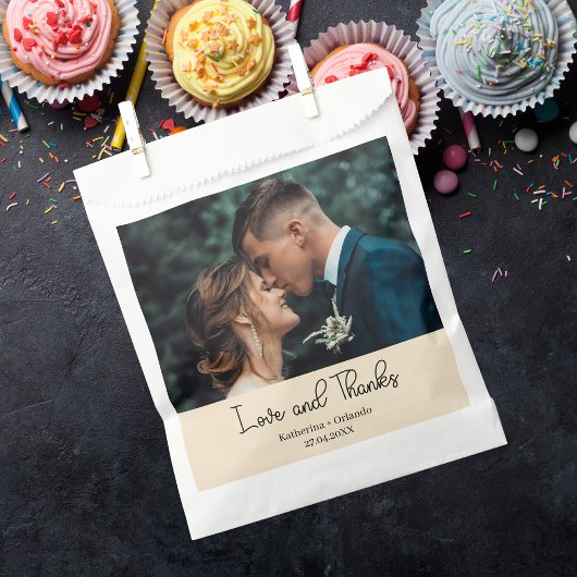 Champagne Elegant Wedding Love and Thanks Photo フェイバーバッグ