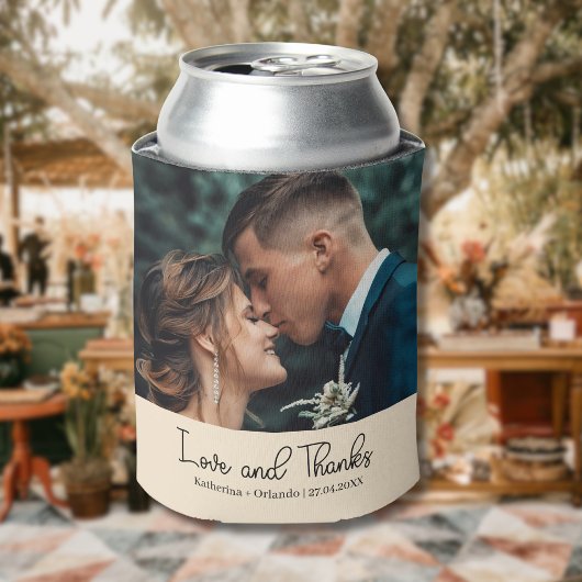 Champagne Elegant Wedding Love and Thanks Photo 缶クーラー