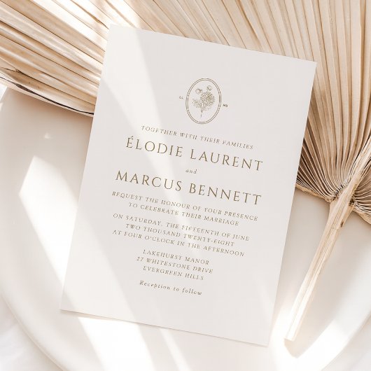 Champagne Floral Oval Monogram Wedding Invitation 招待状
