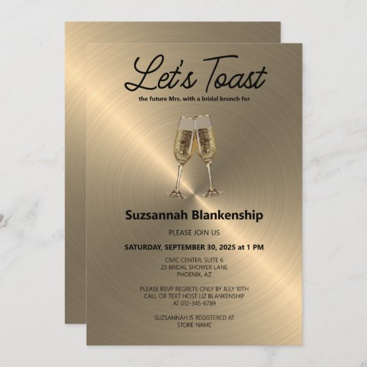 Champagne Flute Toast Bridal Shower Template 招待状 (正面/裏面)