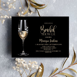 Champagne Glass Black White Floral Bridal Shower 招待状
