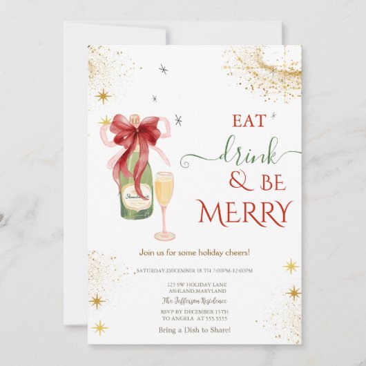 Champagne Glass Bottle Red Bow 招待状 (正面)