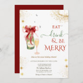 Champagne Glass Bottle Red Bow 招待状 (正面/裏面)